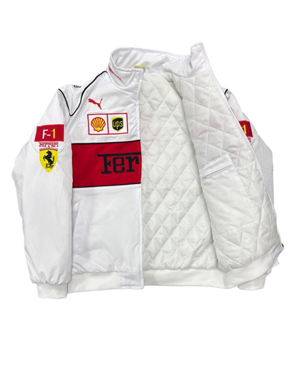 white Ferrari racing jacket with red panel and F1 sponsor patches