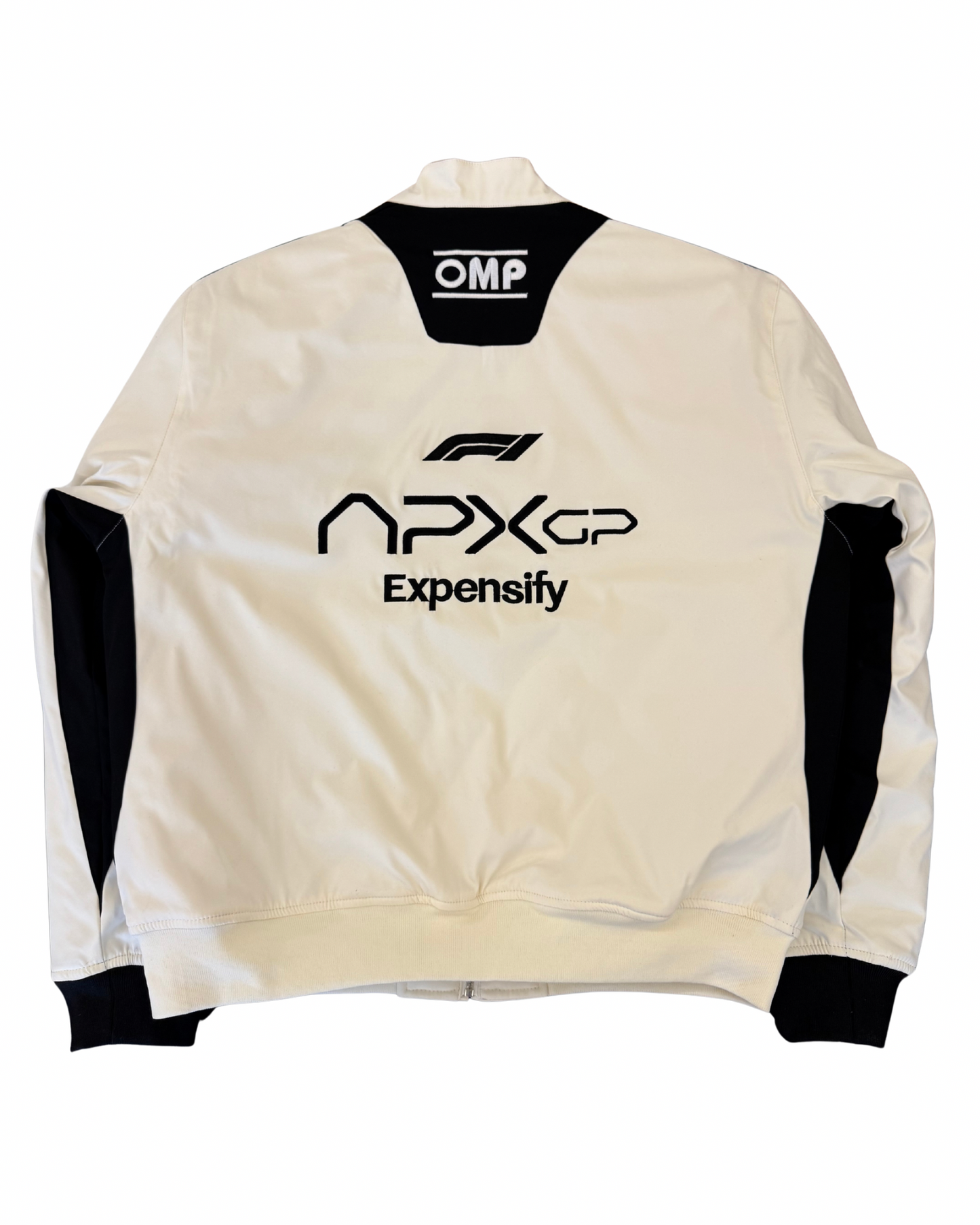 APX GP Brad Pitt F1 racing jacket back view with IWC and sponsor patches from the 2025 F1 movie
