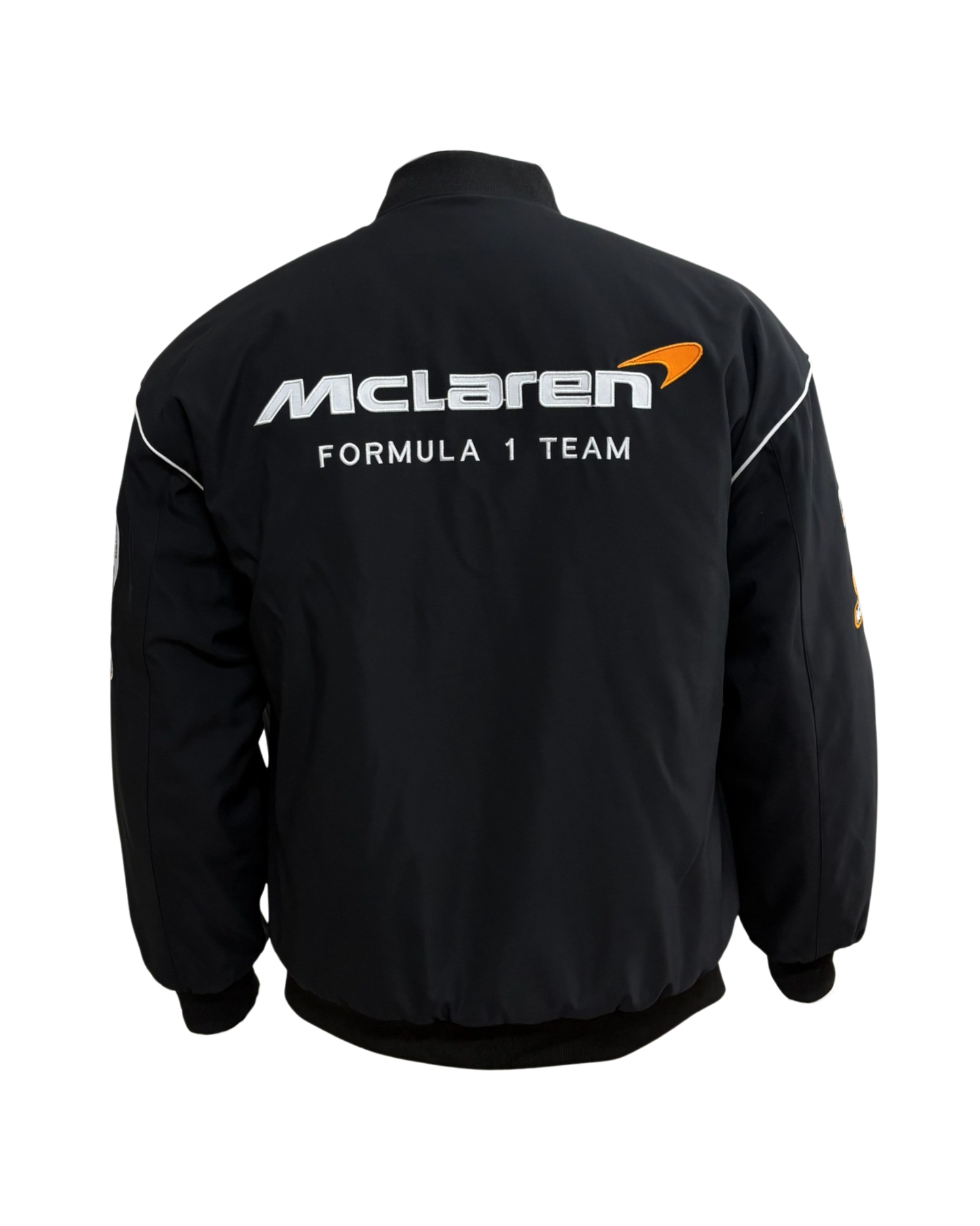 McLaren black vintage racing jacket back view with full sponsor livery and orange detailing