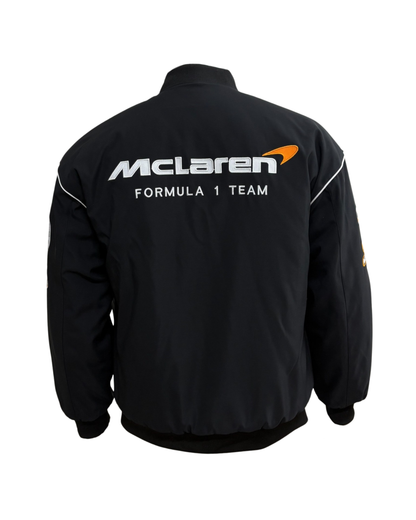 McLaren black vintage racing jacket back view with full sponsor livery and orange detailing