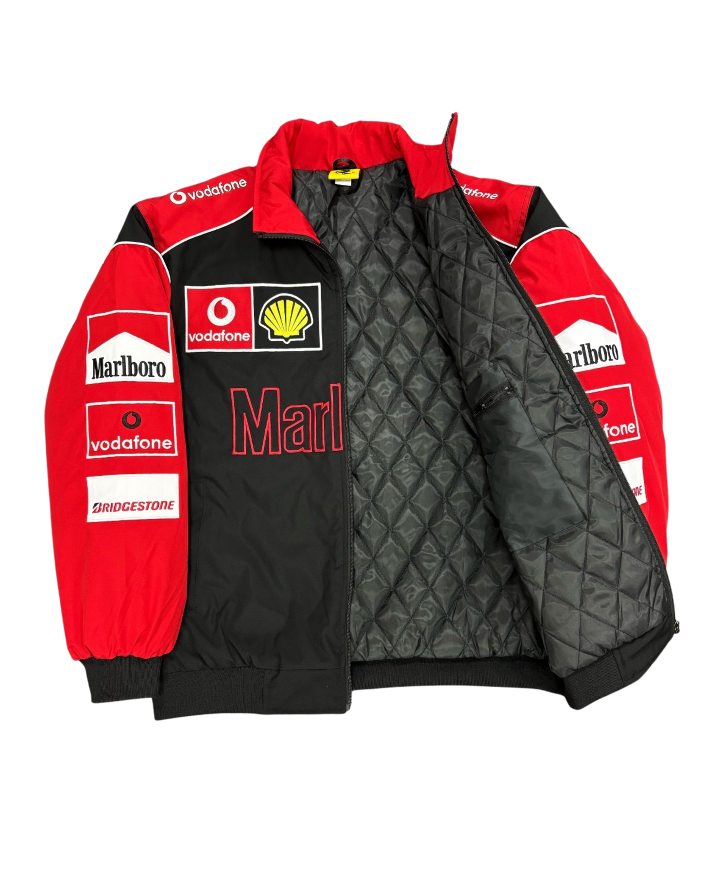 black and red Ferrari racing jacket with Marlboro and sponsor patches