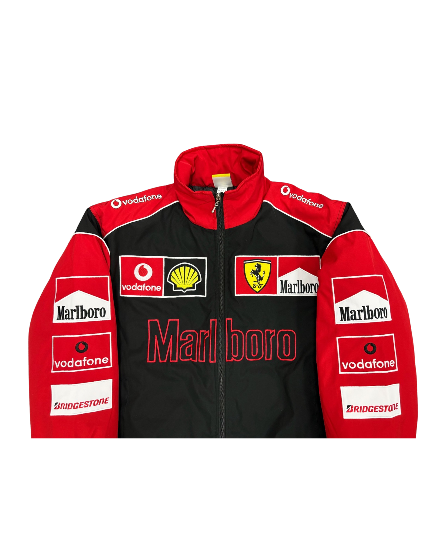 black and red Ferrari racing jacket with Marlboro and sponsor patches