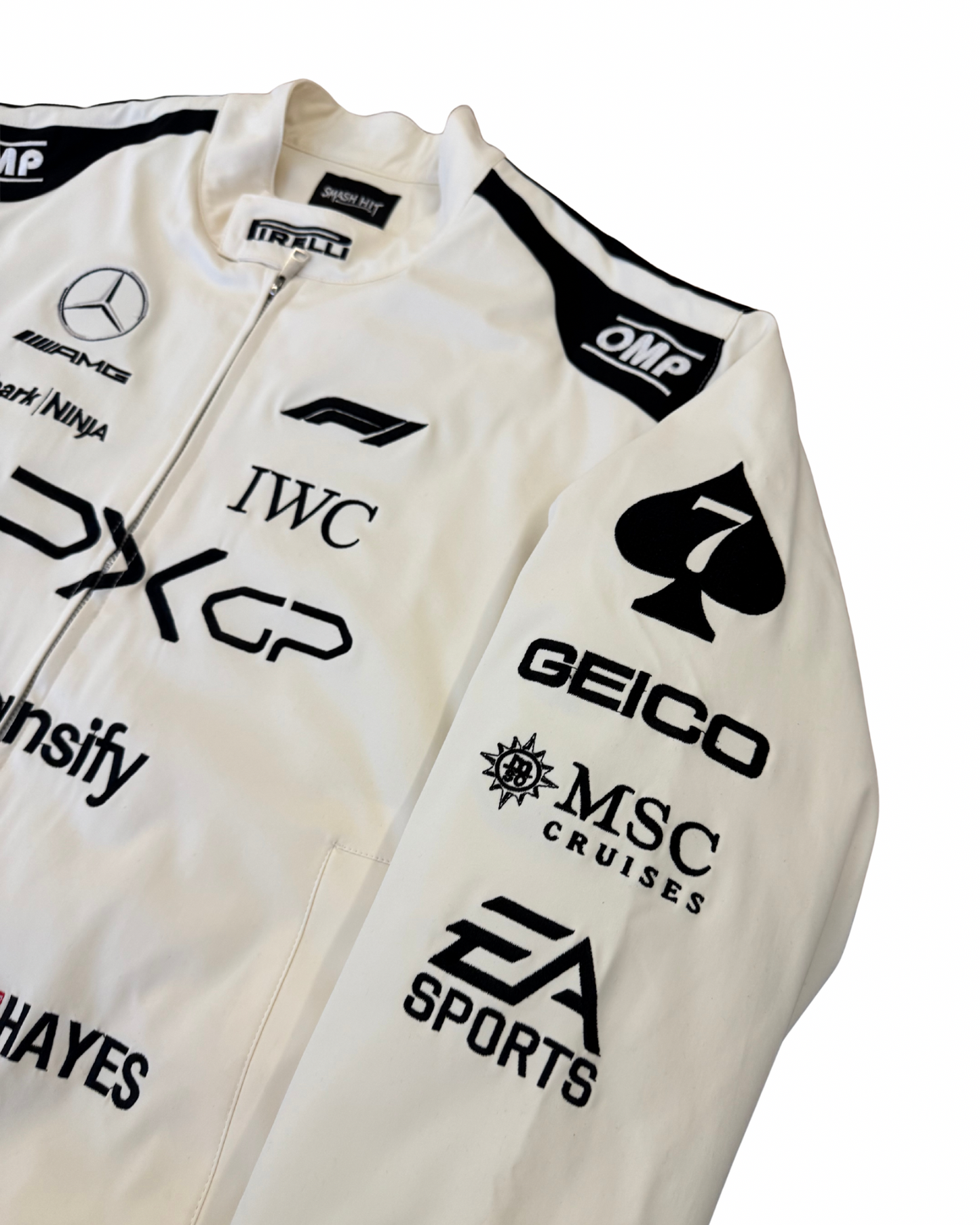 APX GP Brad Pitt F1 racing jacket sleeve close-up with Pirelli logo and motorsport sponsor patches