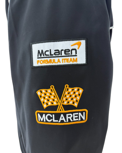 Vintage McLaren black F1 jacket full body shot showing retro sponsor livery and unisex fit