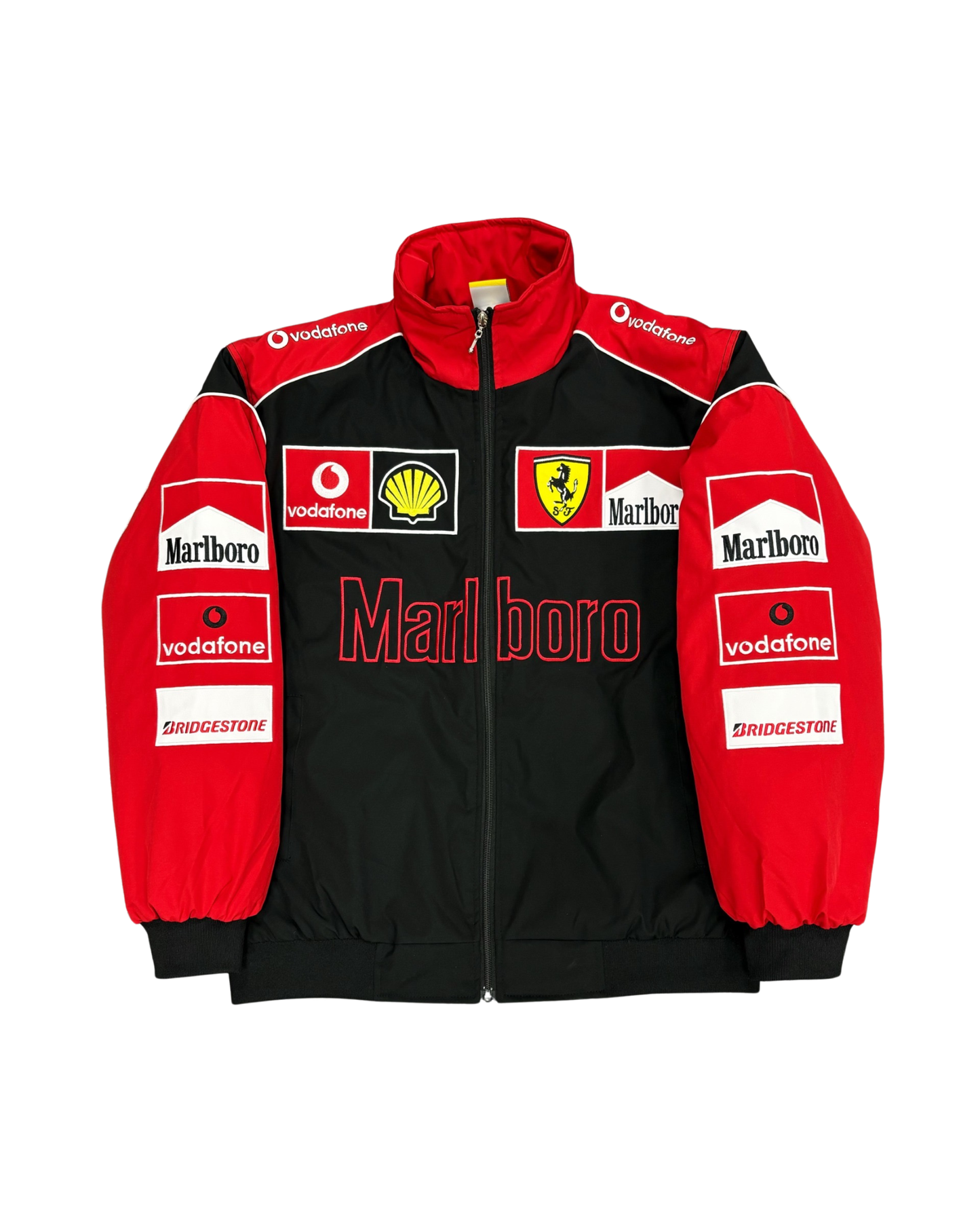 black and red Ferrari racing jacket with Marlboro and sponsor patches