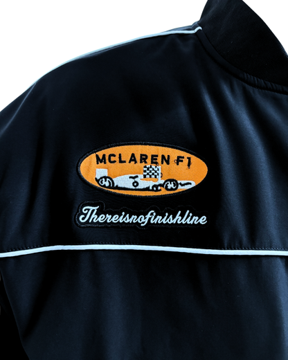 Vintage McLaren black jacket collar and zipper detail, retro F1 motorsport streetwear