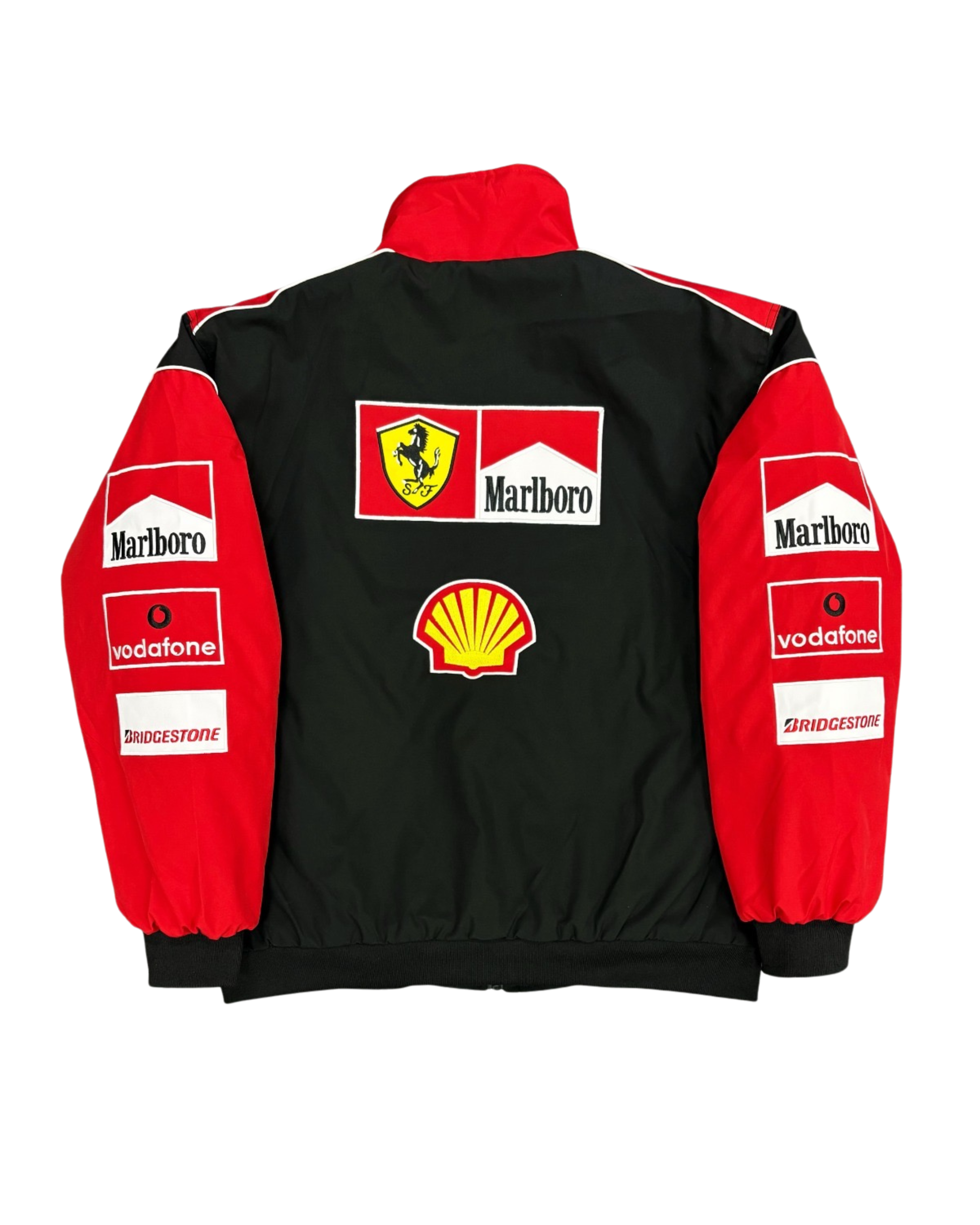 black and red Ferrari racing jacket with Marlboro and sponsor patches