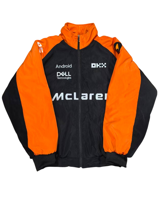 Orange and black jacket with various brand logos on a white background