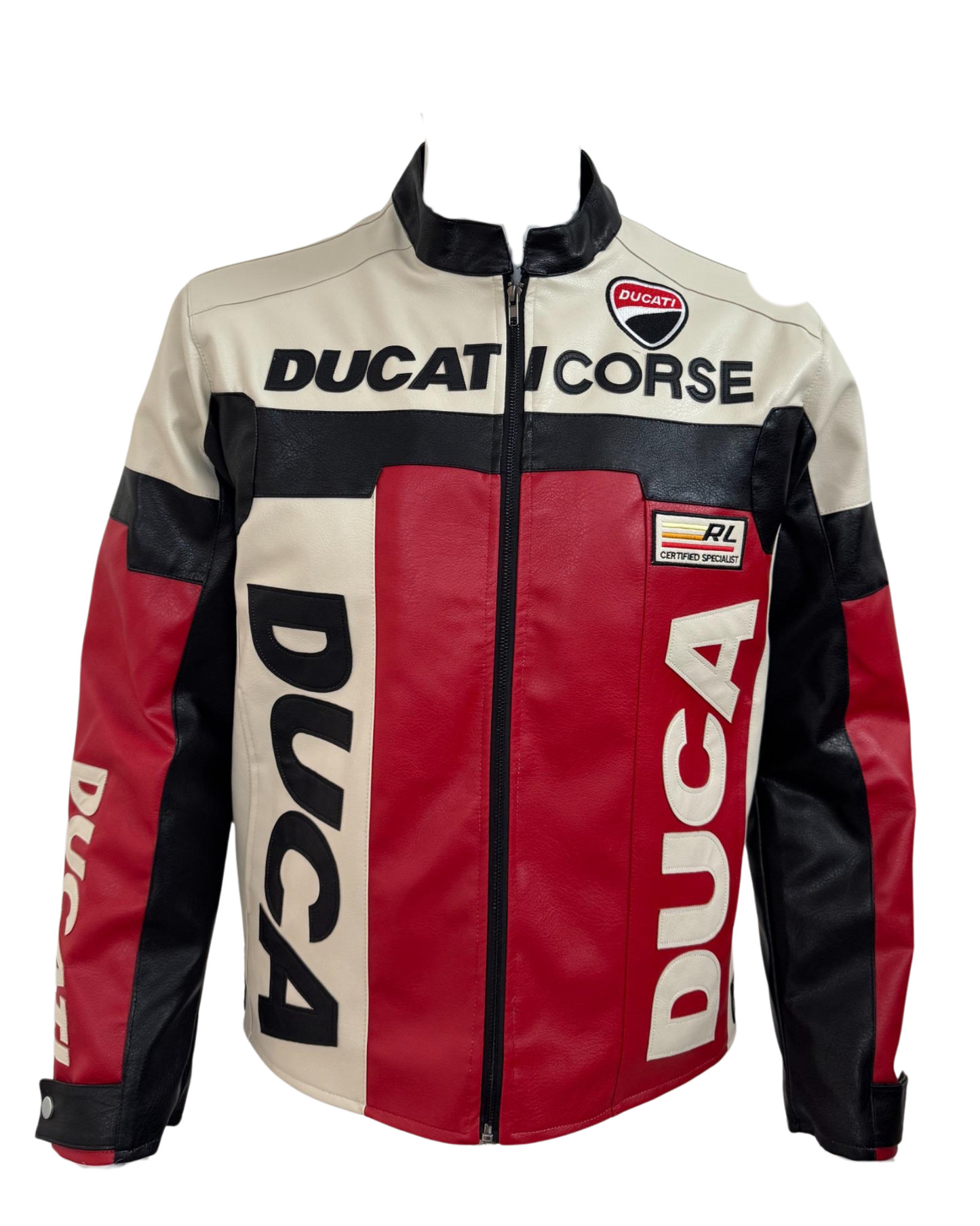 Ducati Leather Corse premium red white and black leather racing jacket with Ducati Corse branding