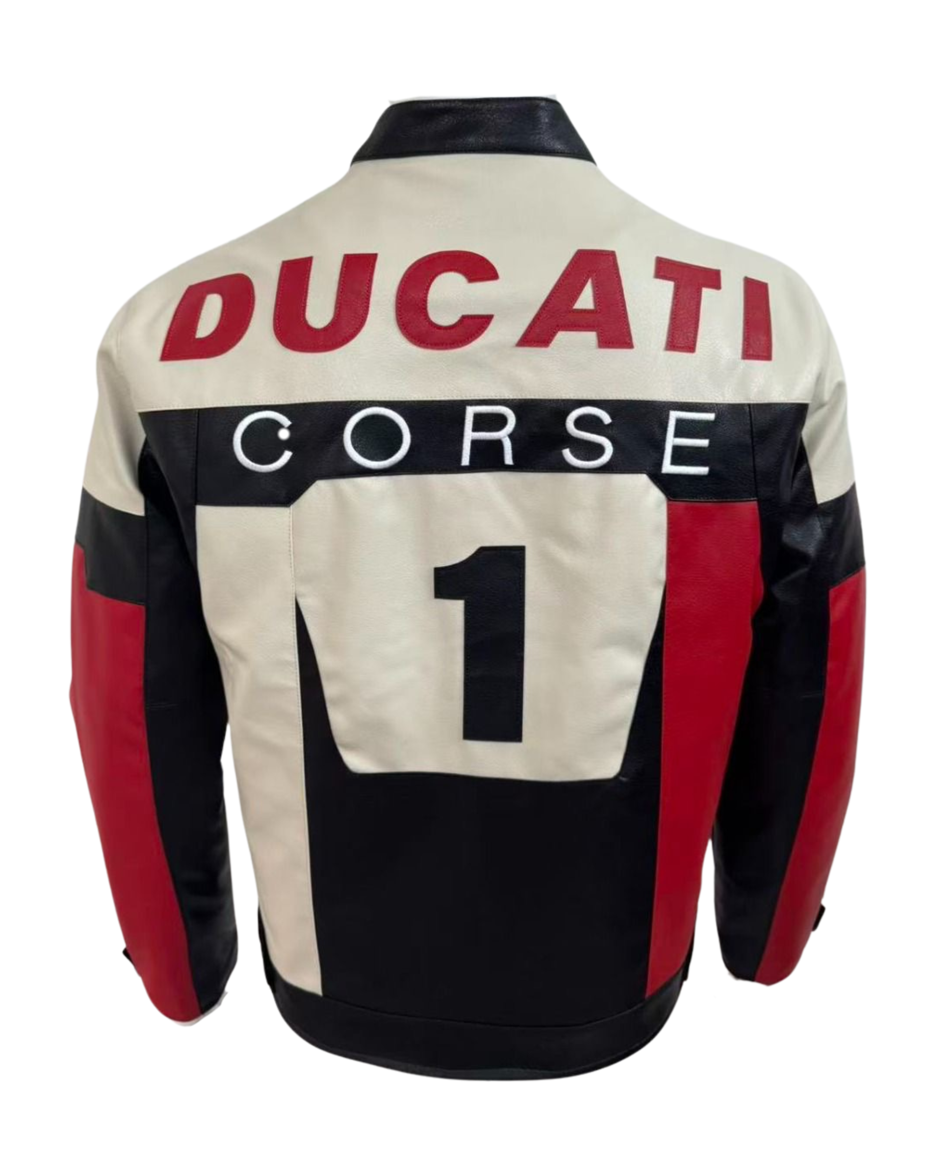 Ducati leather racing jacket back view showing Ducati Corse logo and red white black colorway